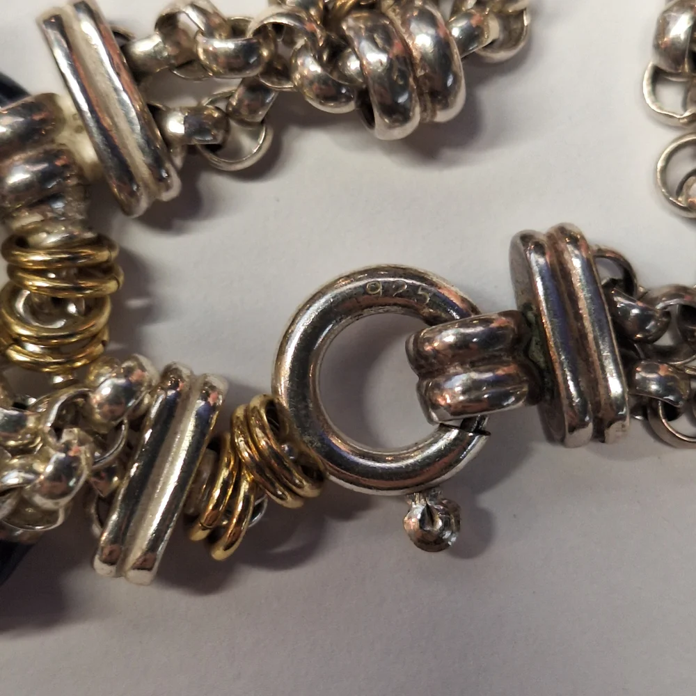 Vintage SAS Two-Tone Double Chain Silver Charm Bracelet with‎ Star and Heart